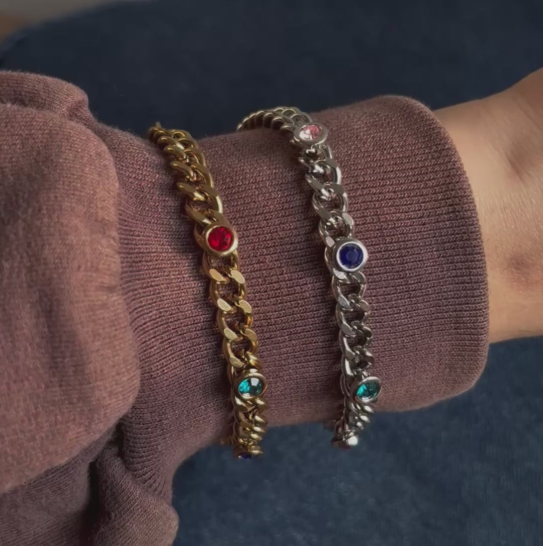 Pulsera plateada eslabones con cristales de colores acero inoxidable