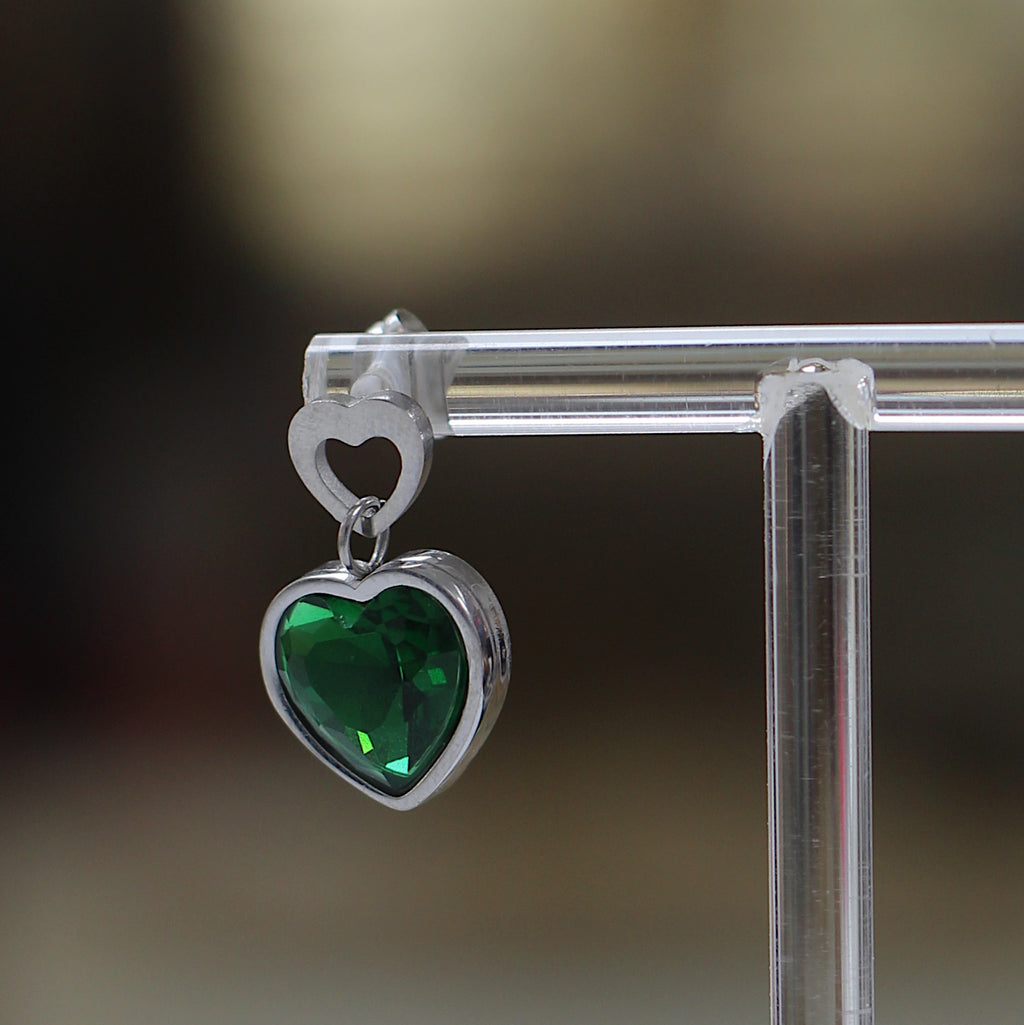 Aros Corazón Cristal Verde Plateados Acero Inoxidable