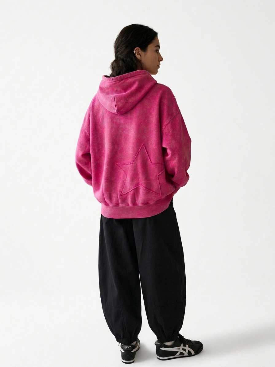 Poleron rosado con gorro desgastado estrella en espalda