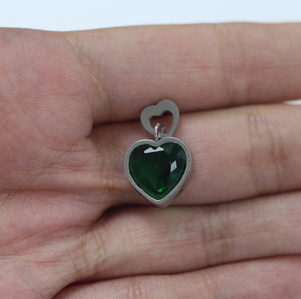 Aros Corazón Cristal Verde Plateados Acero Inoxidable