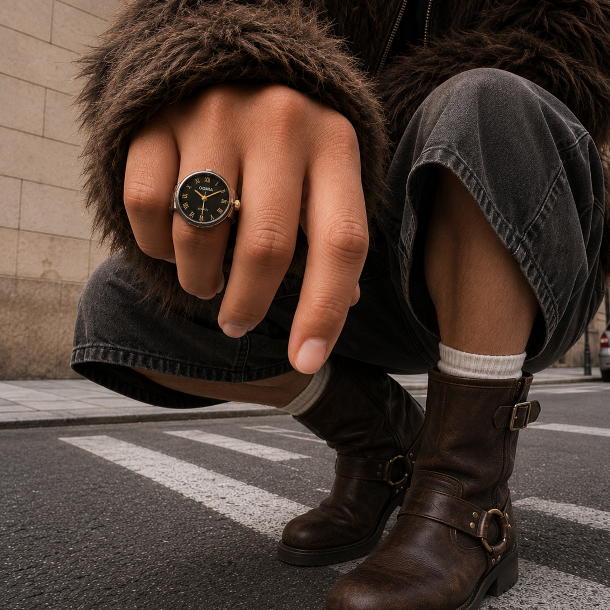 Anillo Reloj Negro correa ajustable acero Inox