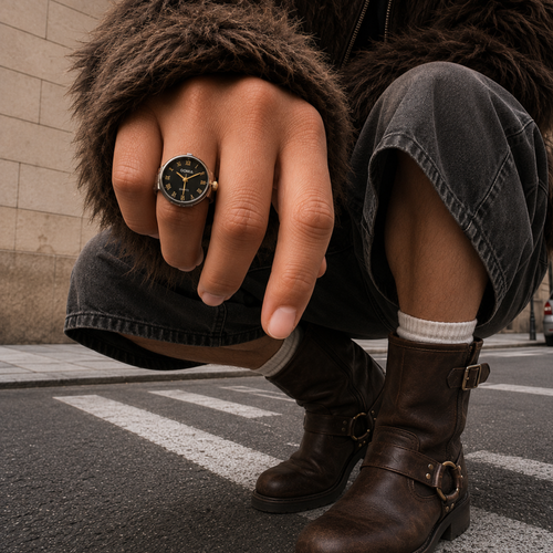Anillo Reloj Negro correa ajustable acero Inox