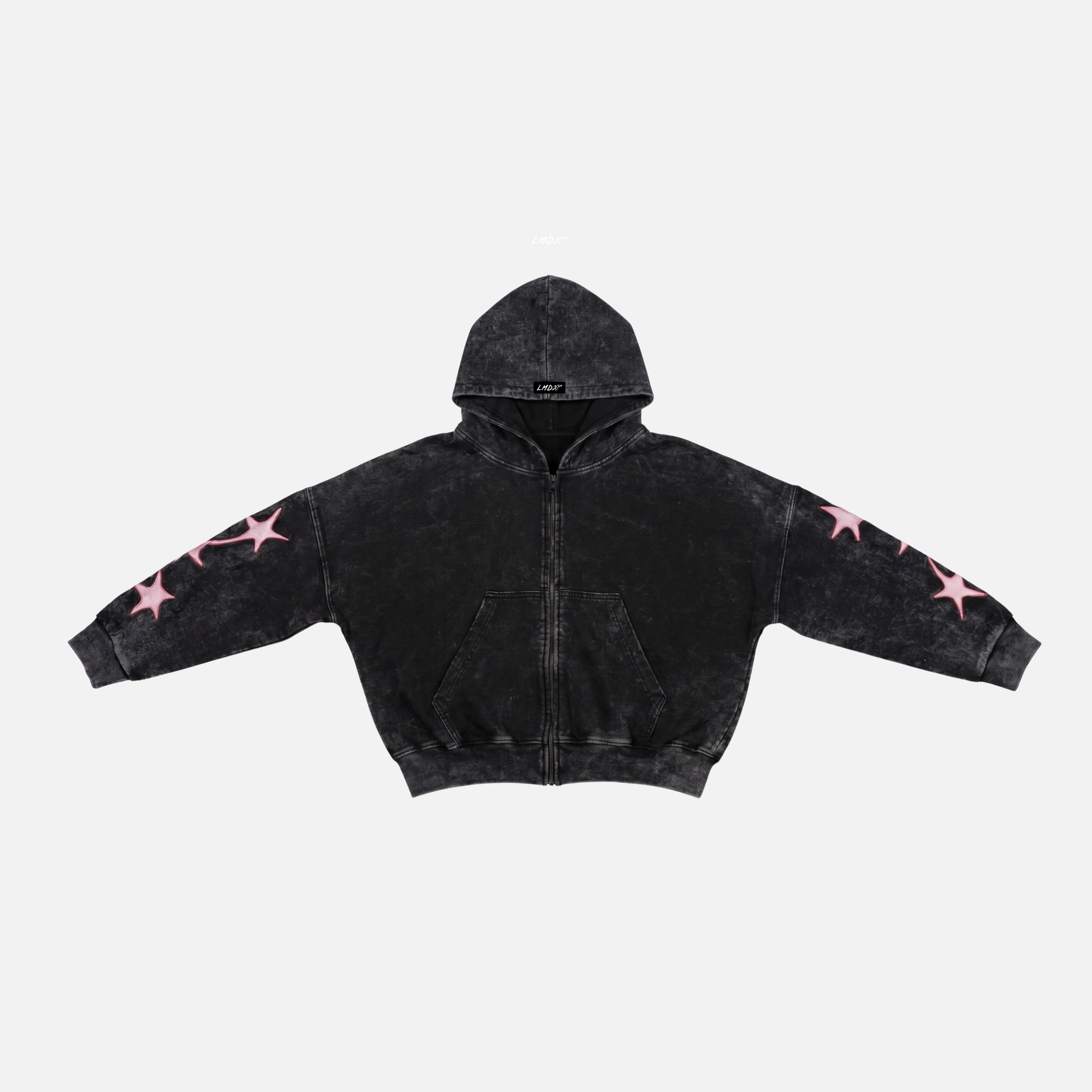 Poleron Gris Claro Boxy Abierto Acid Wash Estrellas Bordadas
