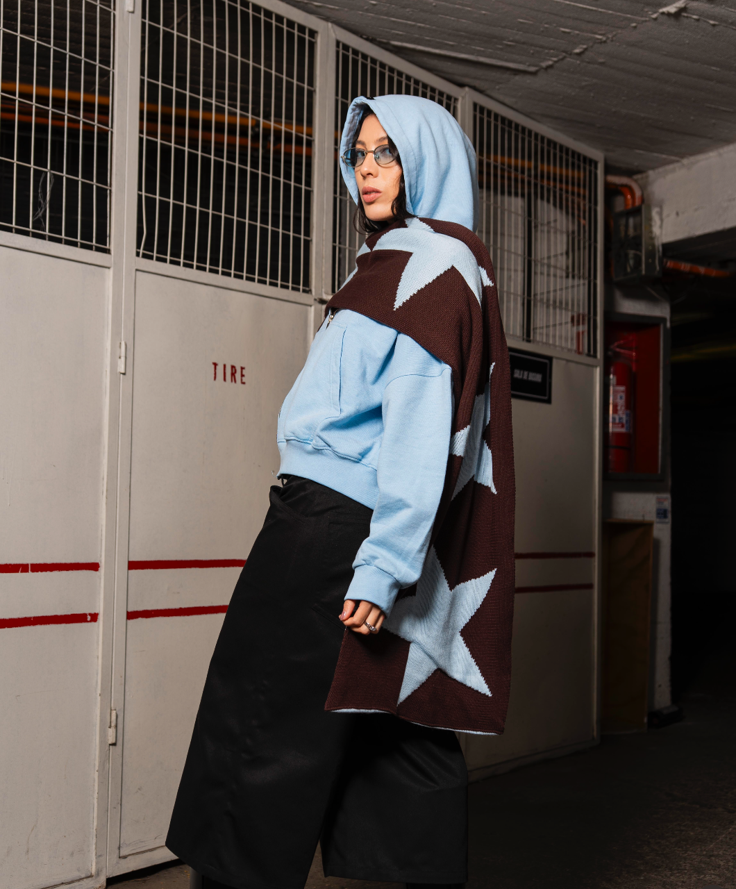 Maxi bufanda reversible Celeste-Café