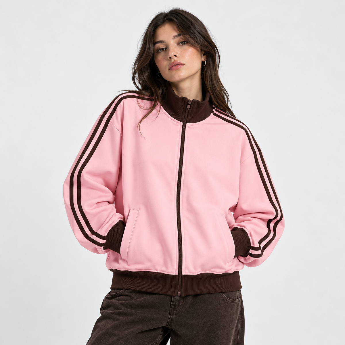RETRO STRIPES ZIP — PINK / BROWN