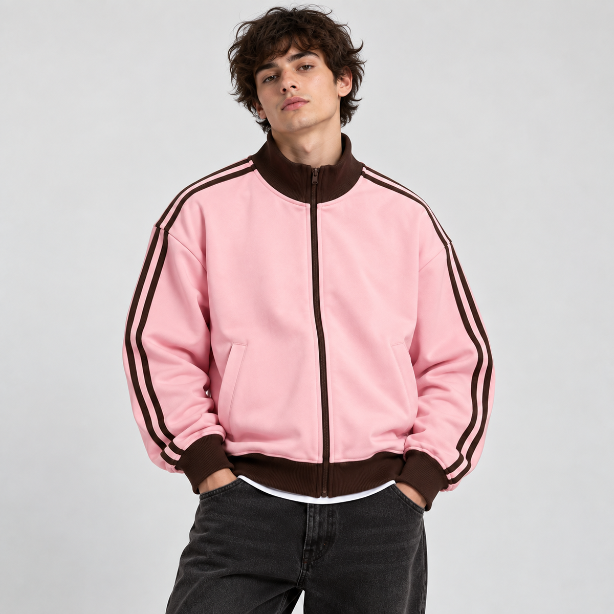 RETRO STRIPES ZIP — PINK / BROWN