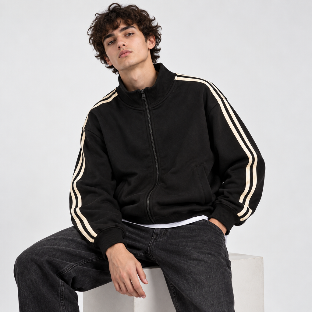 RETRO STRIPES ZIP — BLACK / CREAM