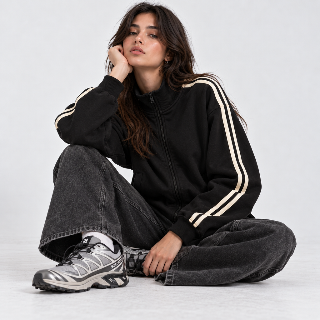 RETRO STRIPES ZIP — BLACK / CREAM