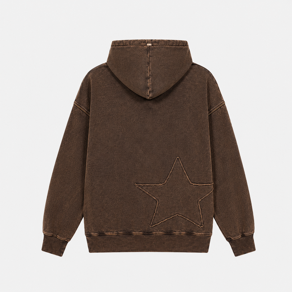 Poleron chocolate con gorro desgastado estrella en espalda