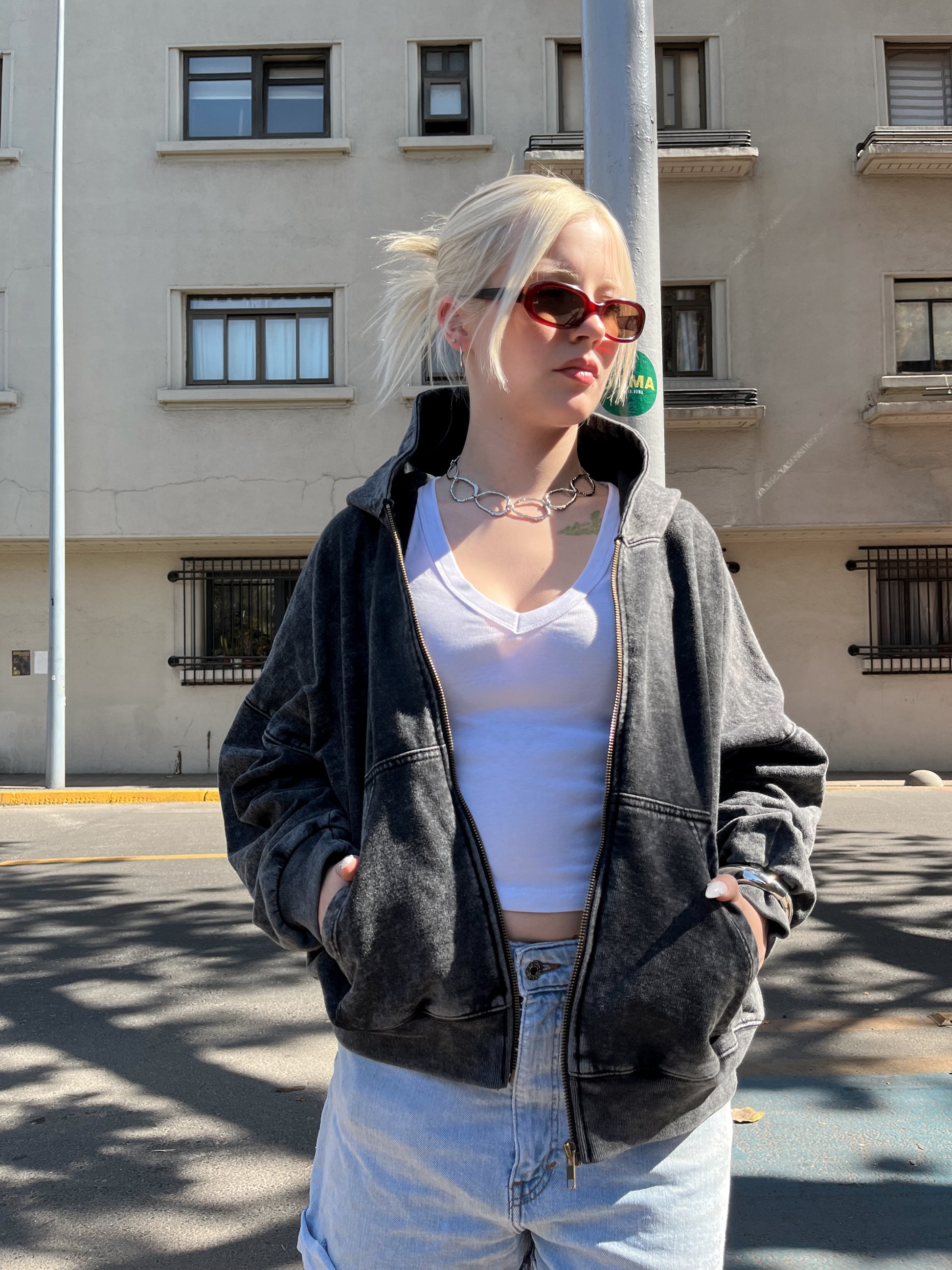 Poleron Boxy Abierto Acid Wash