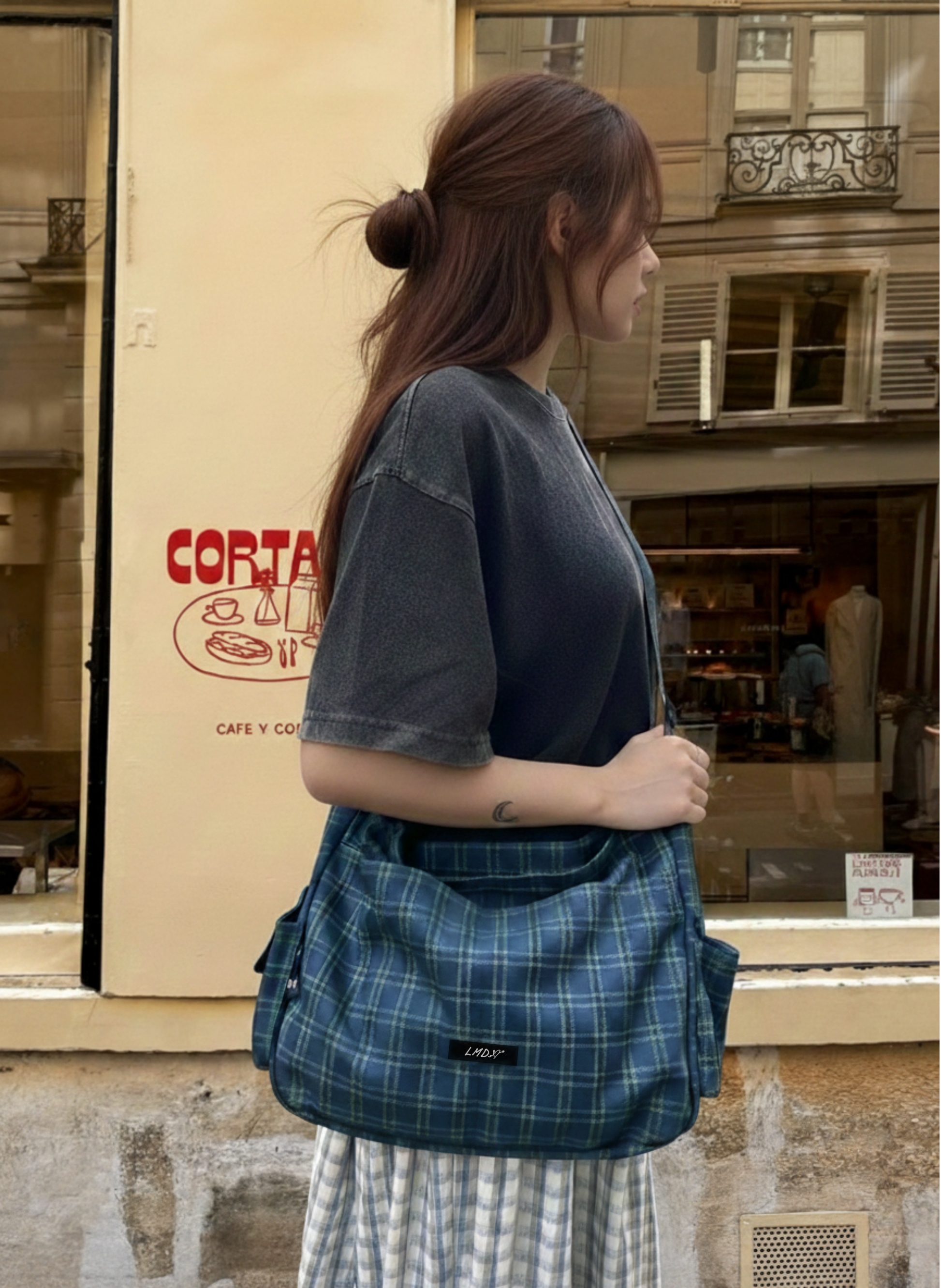 Crossbody cargo bag tartán verde y azul